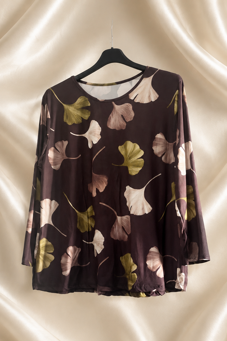 Blusa"Felicia" fluida con stampa foglie e maniche lunghe taglia unica 40/54