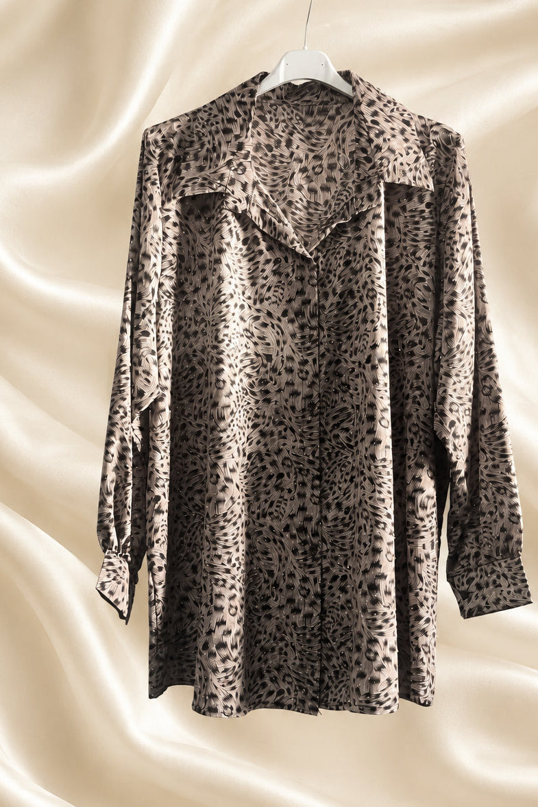 Camicia lunga animalier tortora e nera