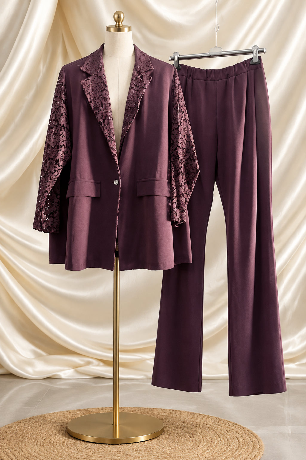 Coordinato marrone scuro con giacca e pantaloni, dettagli effetto pizzo