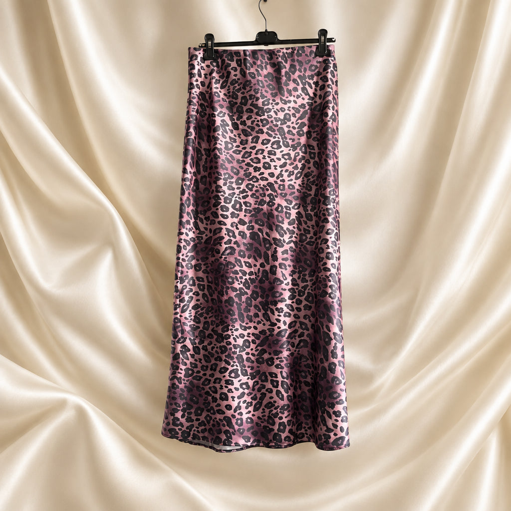 Gonna lunga con stampa leopardata rosa grigio e nero