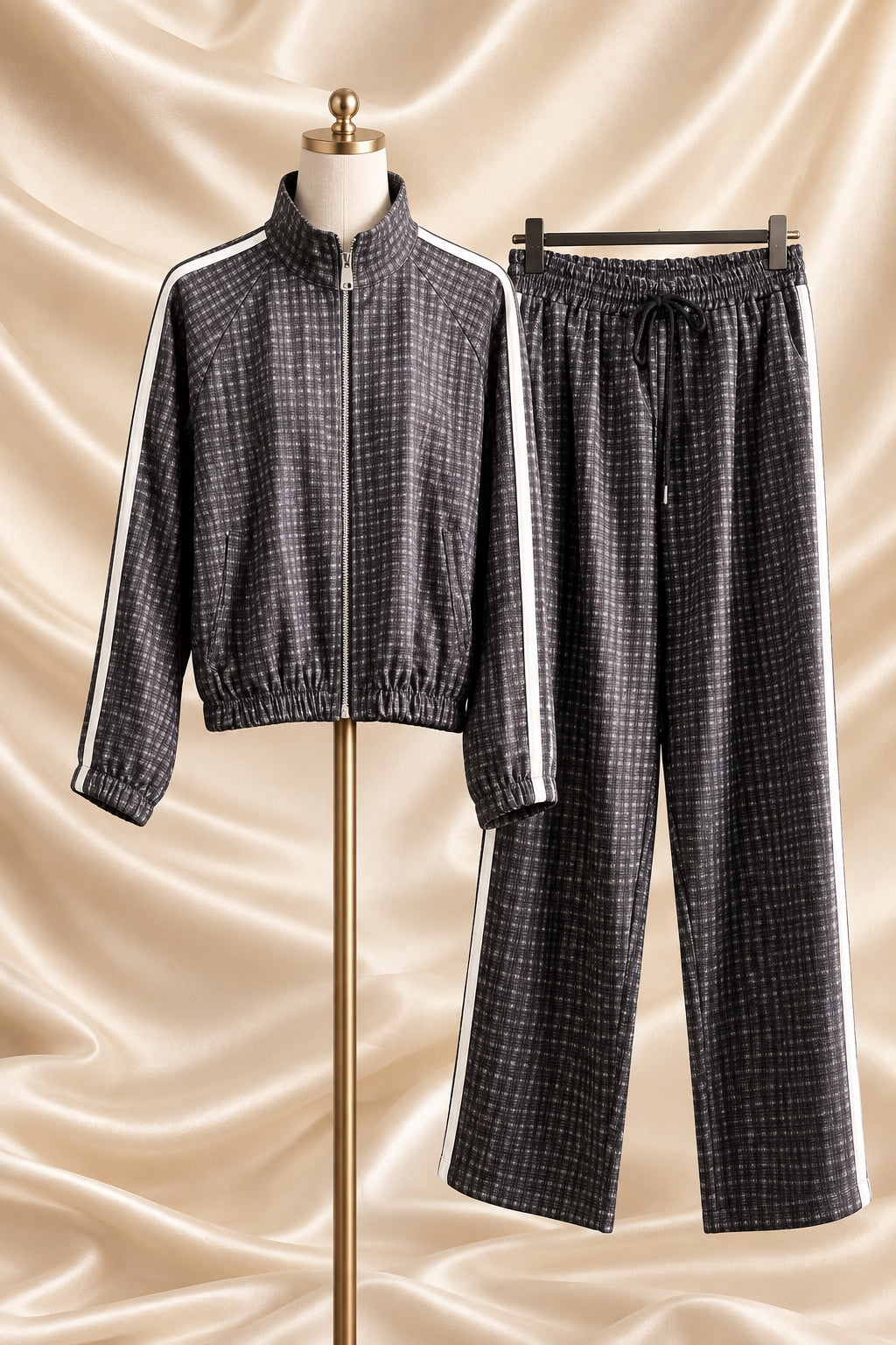 Completo nero con giacca a zip e pantaloni con bande laterali