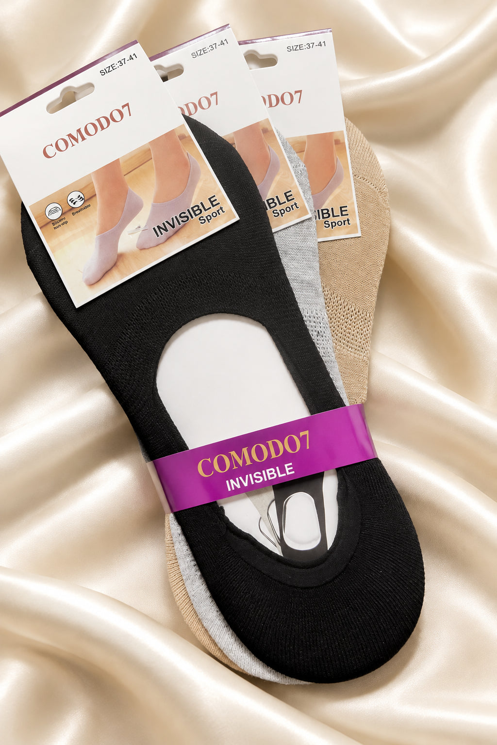 Fantasmini invisibili COMODO7 in nero, grigio chiaro e beige, taglia 37–41