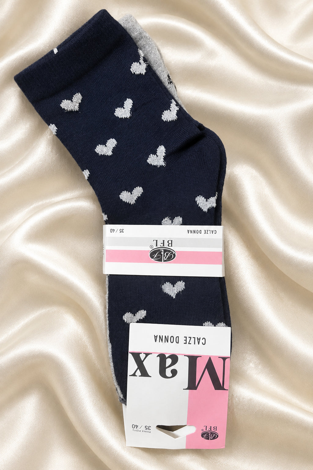 Calze corte Max blu scuro con cuori chiari, confezione taglia 35/40