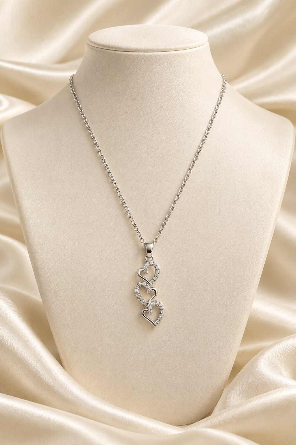 Collana color argento con catena sottile e pendente a tre cuori sovrapposti